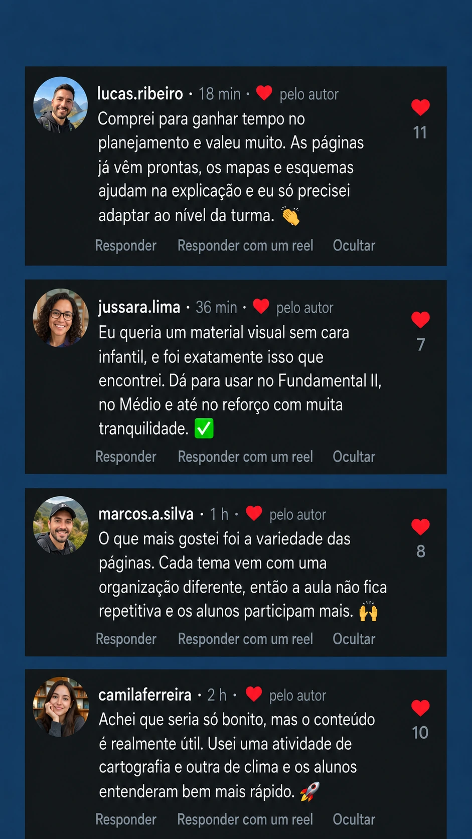 Depoimento em comentários do Instagram — Lucas Ribeiro, Jussara Lima, Marcos A. Silva e Camila Ferreira