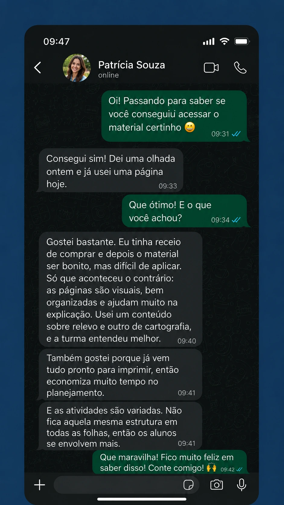 Depoimento em conversa no WhatsApp — Patrícia Souza