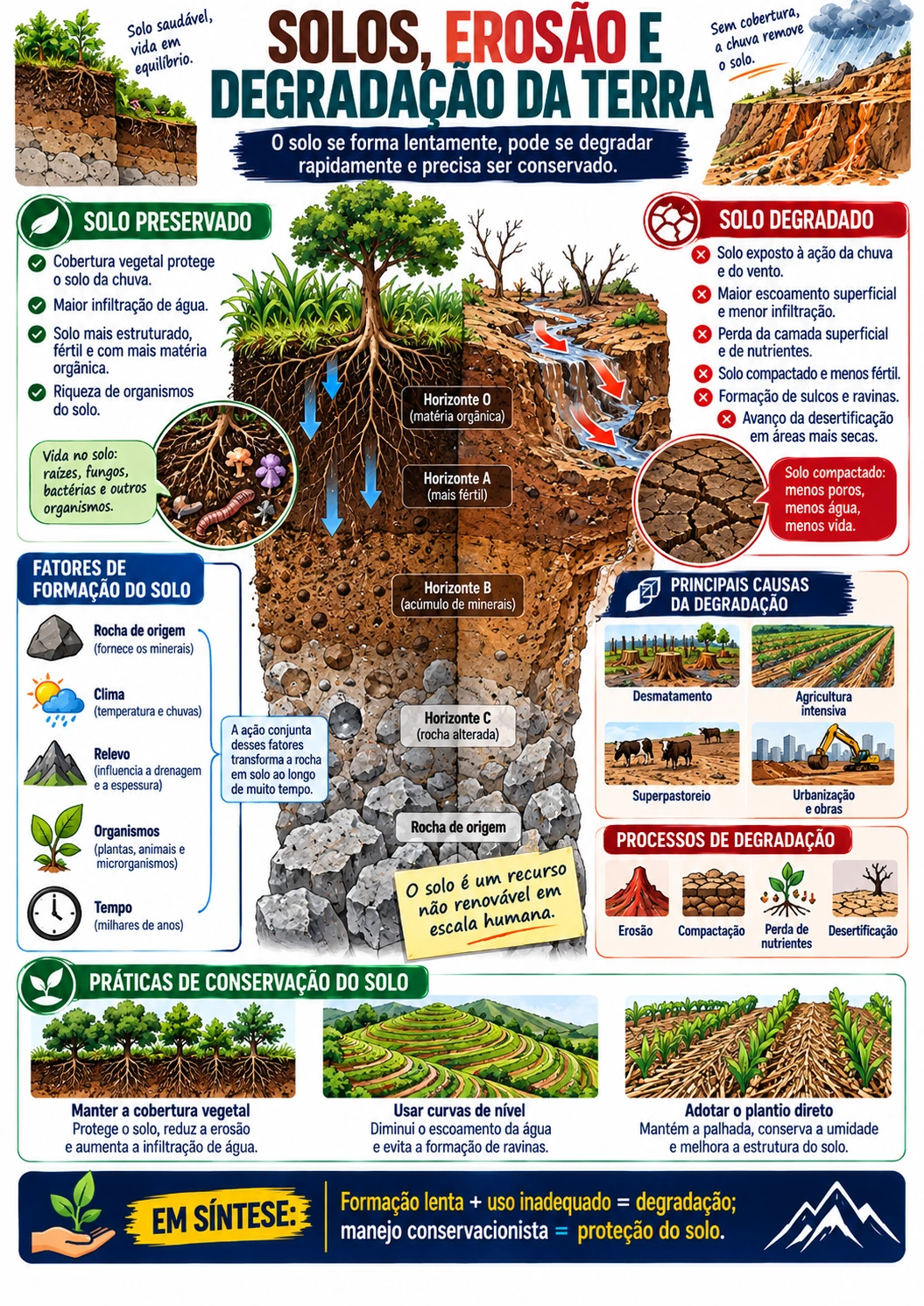 Página visual de Geografia: Solos, Erosão e Degradação da Terra